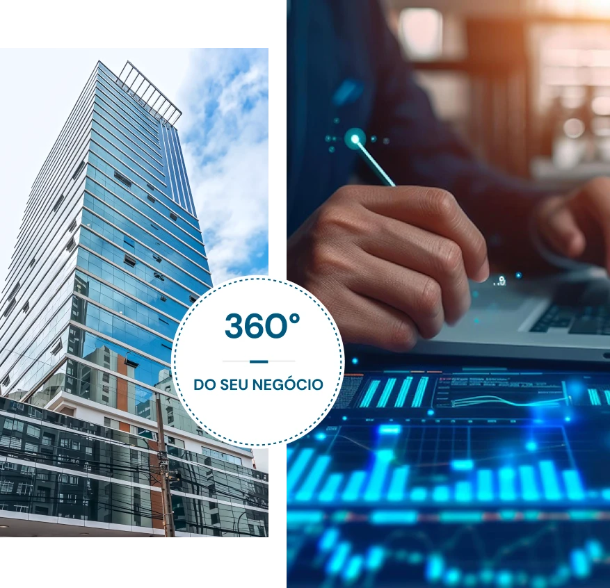Montagem visual mostrando um prédio moderno espelhado, mãos operando um laptop e gráficos financeiros digitais. No centro, um selo circular com o texto '360º DO SEU NEGÓCIO'.